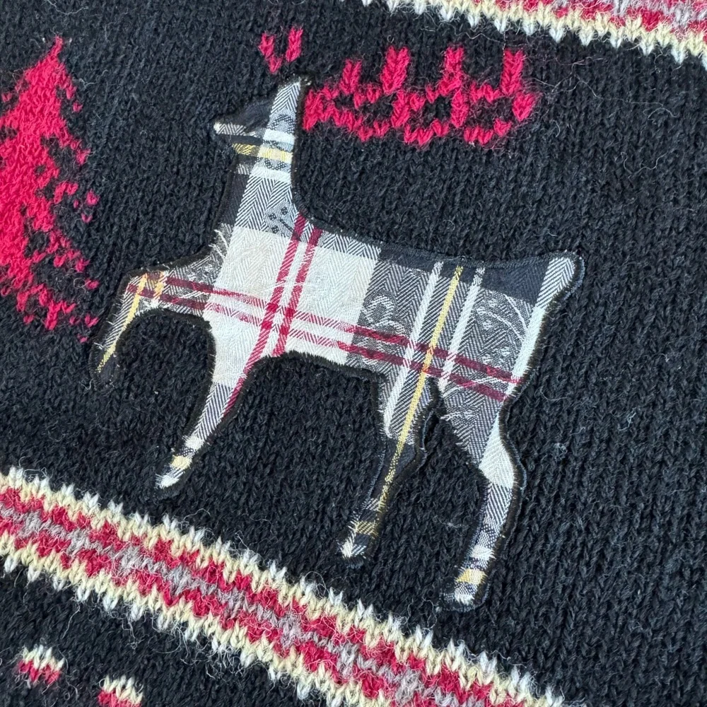 Vintage Susan Bristol Black Reindeer Plaid Wool Christmas Sweater Sz 38 Medium - Picture 9 of 11